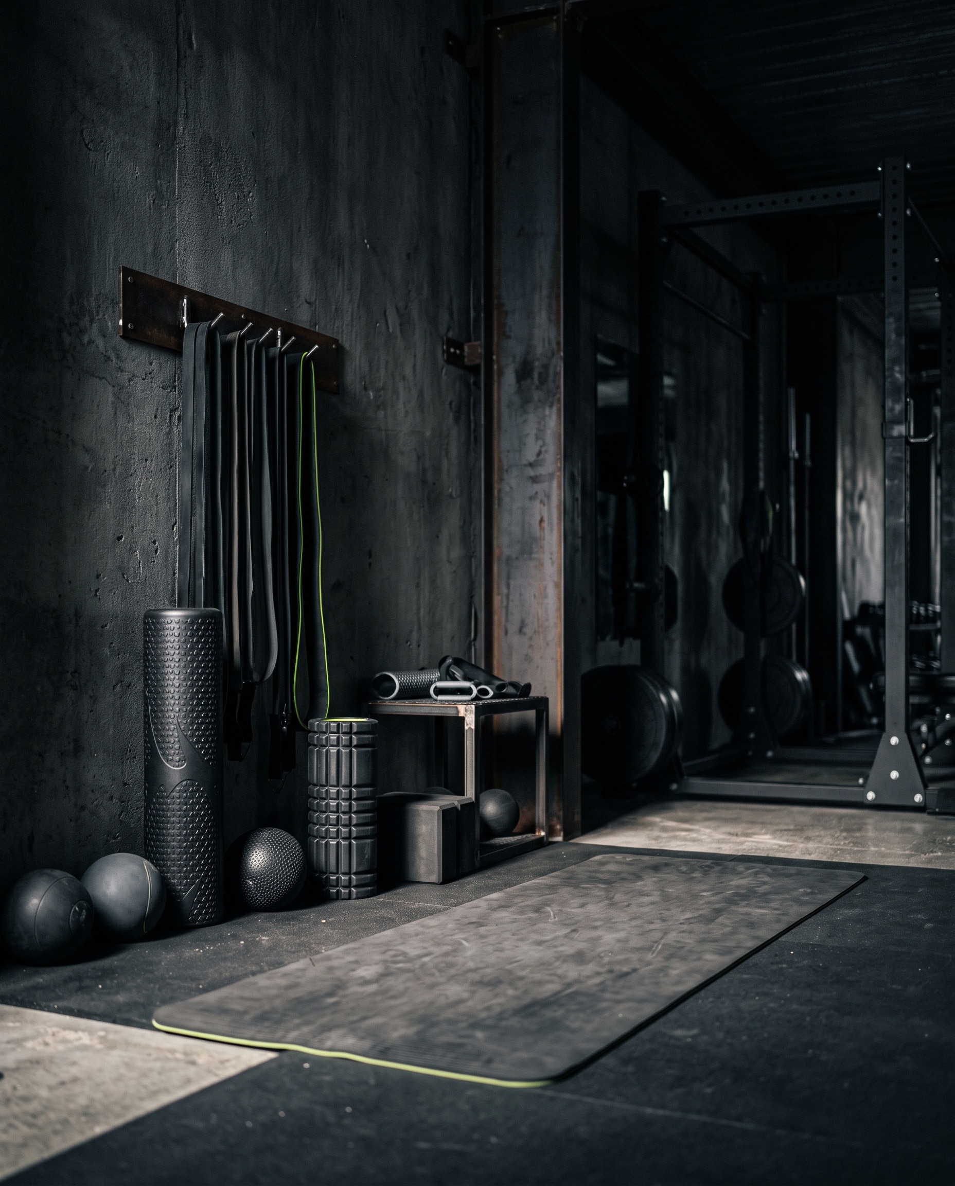 Recovery room with foam rollers and mobility tools