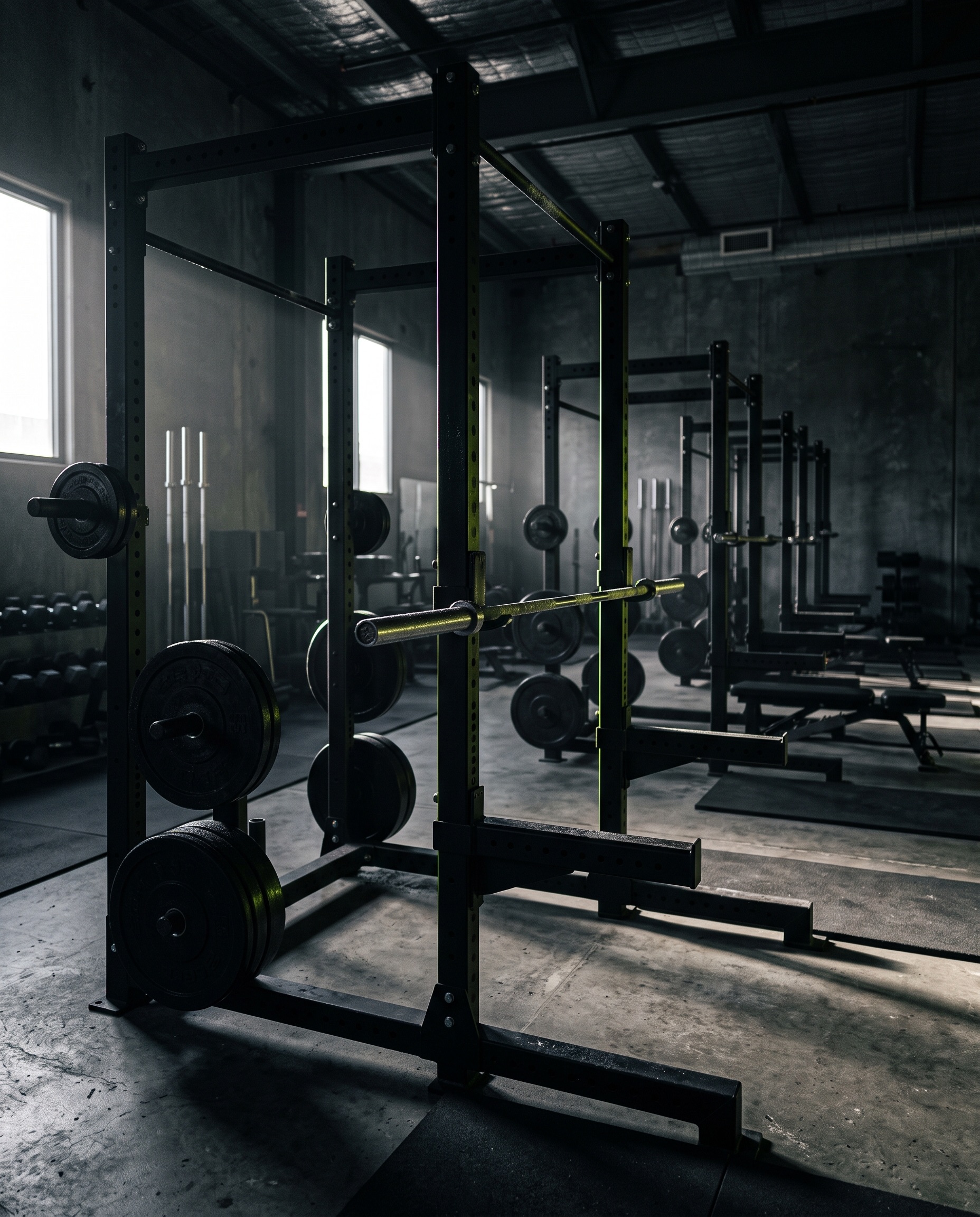 Iron Peak main training floor with power racks at dawn