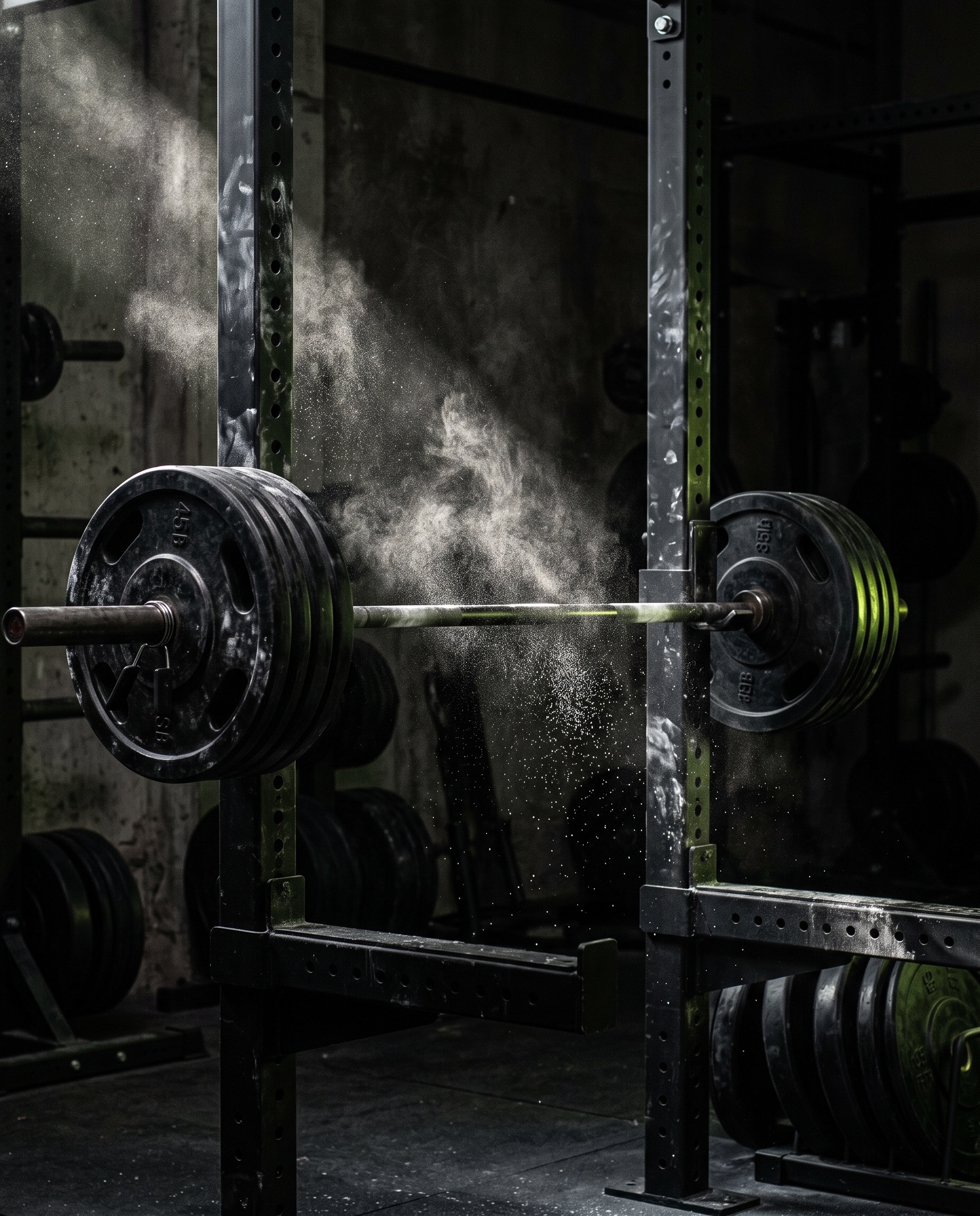 Matte-black power racks loaded with barbells