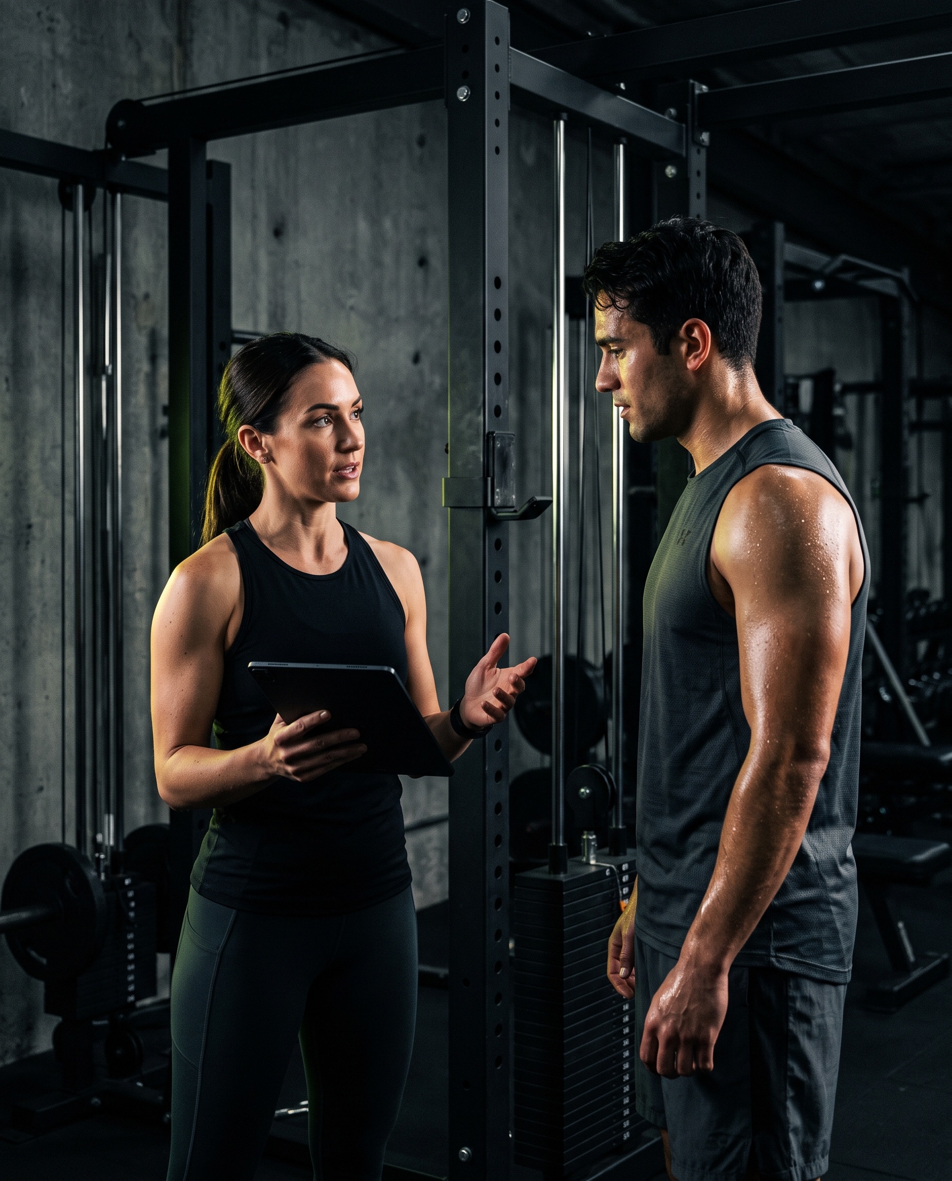 Trainer running a fitness assessment with a client