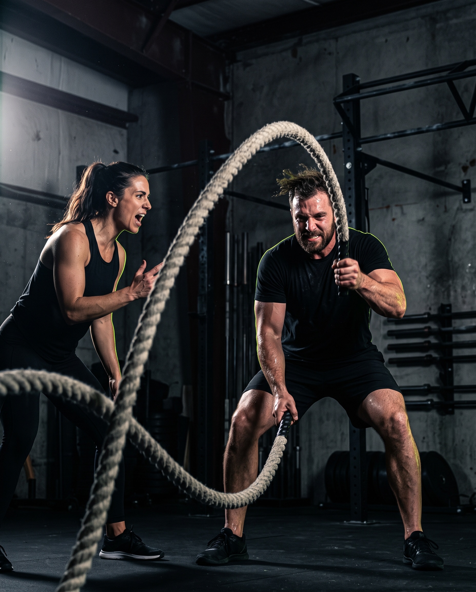 Coach driving a client through battle ropes